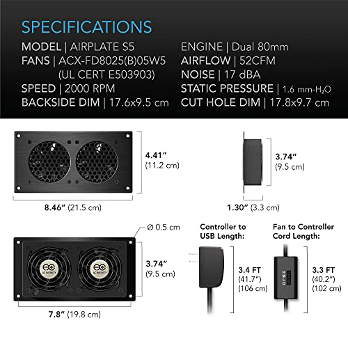 AC Infinity AIRPLATE S5, Quiet Cooling Fan System 8" with Speed Control, for Home Theater AV Cabinets (Pack of 2) - size: Dual 80 (Pack of 2)