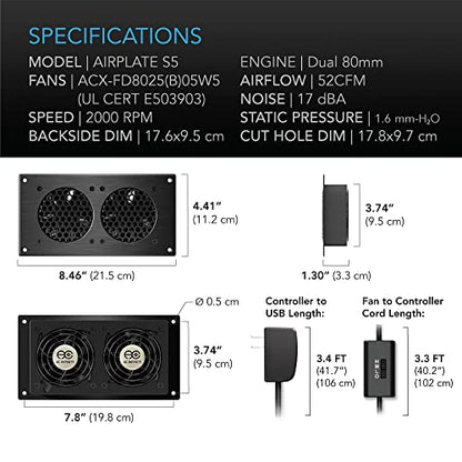 AC Infinity AIRPLATE S5, Quiet Cooling Fan System 8" with Speed Control, for Home Theater AV Cabinets (Pack of 2) - size: Dual 80 (Pack of 2)