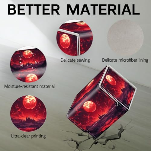 Trading Card Storage Box, Holds 100+ for MTG Cards, PU Leather with Magnetic Closure, Red Blood Moon Castle Fantasy Durable Deck Box for Magic the Gathering, Trading Card Games - color: Red Blood Moon Castle Fantasy