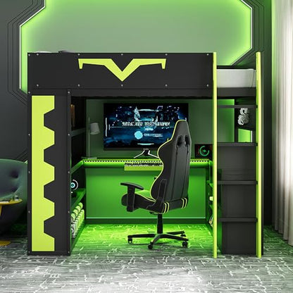 Merax Gaming Loft Bed with Integrated Desk & RGB LED Lights, Pro-Gamer Bed with Power Outlet, Large Bookshelf, Pegboard, Keyboard Tray & Storage Drawer, 3 Colors Available, Full Size, Green