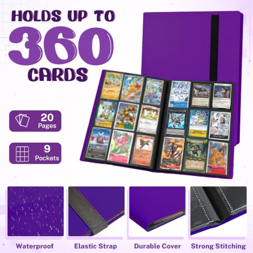 Trading Card Binder, 9 Pocket 20 Pages 360 Cards, Suitable for MTG, TCG(Purple) - color: Purple