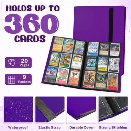 Trading Card Binder, 9 Pocket 20 Pages 360 Cards, Suitable for MTG, TCG(Purple) - color: Purple