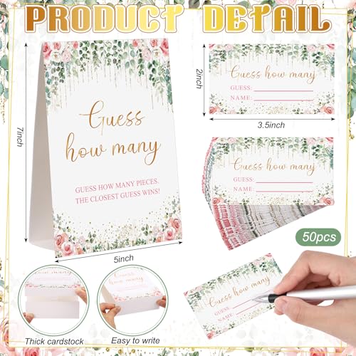 Rose Eucalyptus Guess How Many Baby Shower Game Pack of 1 Tabletop Sign with Stand and 50 How Many Cards, Blush Floral Gender Reveal Party Game Decorations - style: Rose Eucalyptus