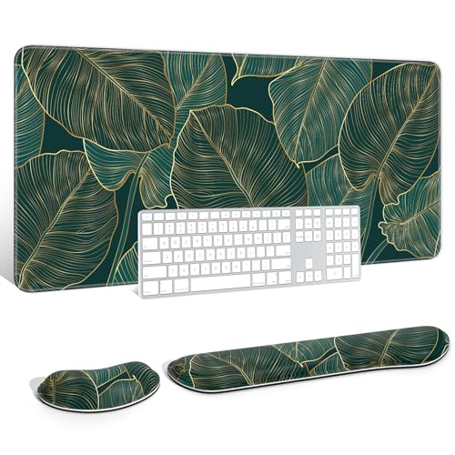 Auhoahsil Large Mouse Pad with Wrist Rests for Keyboard & Mouse, Thick Soft Ergonomic Memory Foam Wrist Supports, Big & Long Desk Mat 35.5 x 15.7 in, for Office Gaming Computer, Tropical Leaf - color: Beach Palm Tree Leaves