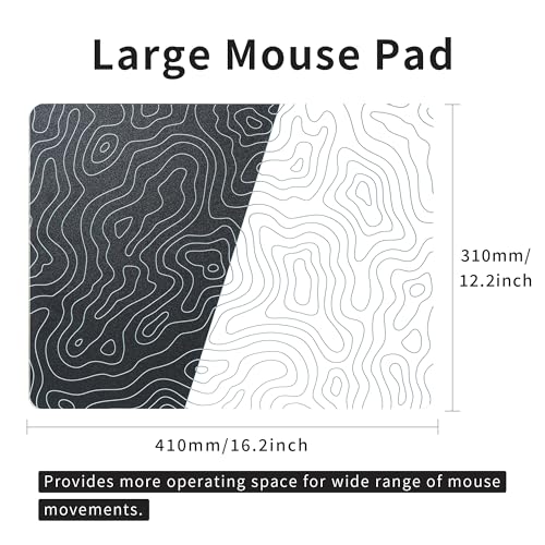 XVX Glass Mousepad for Gaming, Topographic Hard Gaming Mouse pad, Professional Large Mouse Mat 16.2" x 12.2", Special Glass Surface with Improved Precision and Speed - color: Black/White(Topographic)