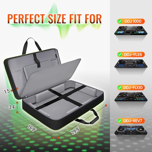 SNIGJAT DJ Controller Case for DDJ FLX10/GRV6/REV5 with Laptop Pocket Green | Padded Large DJ Controller Bag Fits DDJ REV7/REV5/FLX6/1000, Gig Bag with Multi-Pocket and Adjustable Shoulder Strap - color: Green, style: No Wheels