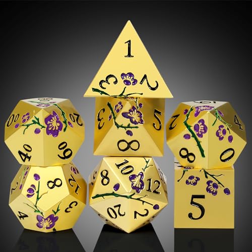 DNDND Metal Dice Set, 7 PCS Metallic Flowers DND Dice with Gorgeous Gift Case for D&D Dungeons and Dragon Tabletop Game (Purple Flowers with Gold) - color: Flower Gold Purple