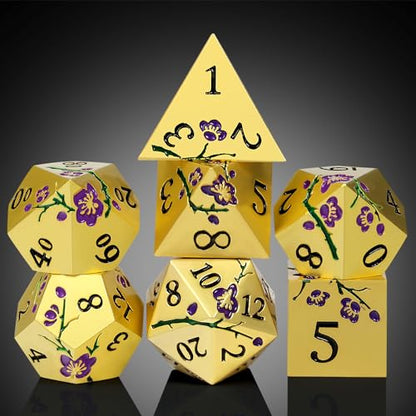 DNDND Metal Dice Set, 7 PCS Metallic Flowers DND Dice with Gorgeous Gift Case for D&D Dungeons and Dragon Tabletop Game (Purple Flowers with Gold) - color: Flower Gold Purple