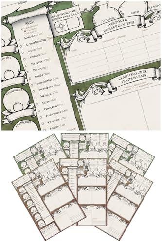 DND Character Sheets with Hand Drawn Artwork. Wet Erase Plastic Sheets Compatible with Dungeons and Dragons 5e & 2024 Player’s Handbook. Set of 6 (Green & Brown). - style: 6 pack
