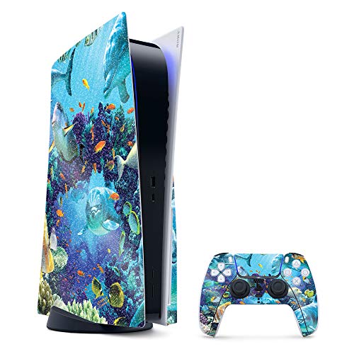 MightySkins Glossy Glitter Gaming Skin for PS5 / PlayStation 5 Bundle - Ocean Friends | Durable High-Gloss Glitter Finish | Easy to Apply and Change Style | Made in The USA - color: Ocean Friends, size: PlayStation 5 Bundle