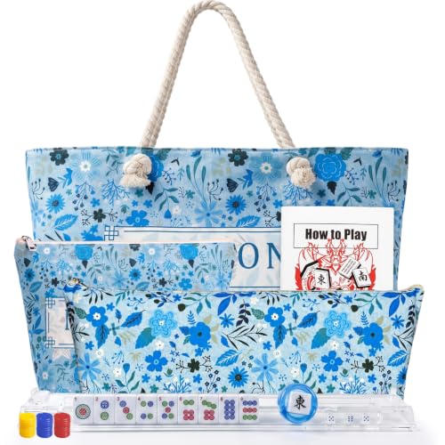 American Mahjong Game Set, Complete Mahjong Set with 160 Premium White Tiles and Mahjong Racks, Bag and Accessories for Family Party (Blue Bag)