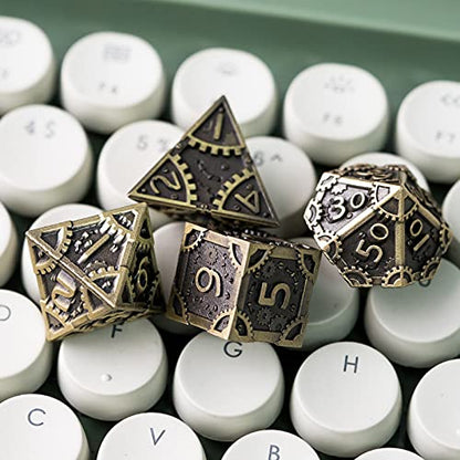 UDIXI Metal DND Dice Set 7PCS Polyhedral Dice Set for D&D Role Playing Game | Ancient Bronze, Steampunk Gear Carved, Solid Metal, Metal Gift Box, DM Gift, for Dungeons and Dragons RPG Tabletop Games - color: Gear-antique Bronze