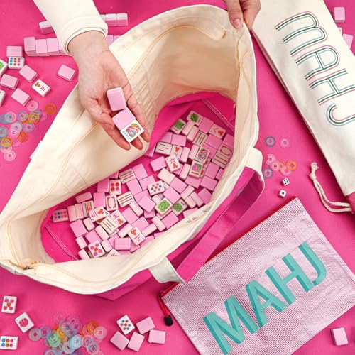 Ceenna Pink American Mahjong Set with Carrying Bag Complete Ma Jong Game | Set with 160 Tiles, Equipped 4 All-in-one Rack Pusher Noise Reducing Table Mat Plastic Mahjong Coins and Multi Storage Bags - color: Pink