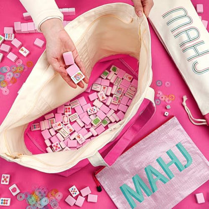 Ceenna Pink American Mahjong Set with Carrying Bag Complete Ma Jong Game | Set with 160 Tiles, Equipped 4 All-in-one Rack Pusher Noise Reducing Table Mat Plastic Mahjong Coins and Multi Storage Bags - color: Pink