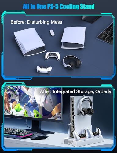 Cooling Station for PS5/PS5 Slim with Dual Controller Charger, Vertical Cooling Stand for PlayStation 5 Slim with Remote Charging Dock, Accessories Charger kit for PS5 Pro with Cooler Fan, USB Hubs