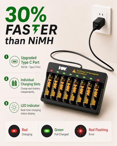 HW Rechargeable AA Batteries with AA/AAA Charger, [1.5V, 8-Pack] 3500mWh Double A Lithium Battery Charger High Capacity, Cargador de Baterias for Toys, Keyboards, Doorbell, Remote Controls, etc.