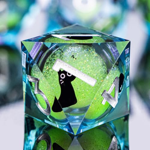 DND Cat Dice Set Green Sharp Edge Dice with Box, RPG D and D Dice Dungeons Dragons Role Playing Game Polyhedral Resin Dice Set D20 D12 D10 D8 D6 D4 - color: Green Purple