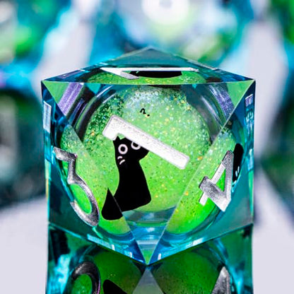 DND Cat Dice Set Green Sharp Edge Dice with Box, RPG D and D Dice Dungeons Dragons Role Playing Game Polyhedral Resin Dice Set D20 D12 D10 D8 D6 D4 - color: Green Purple