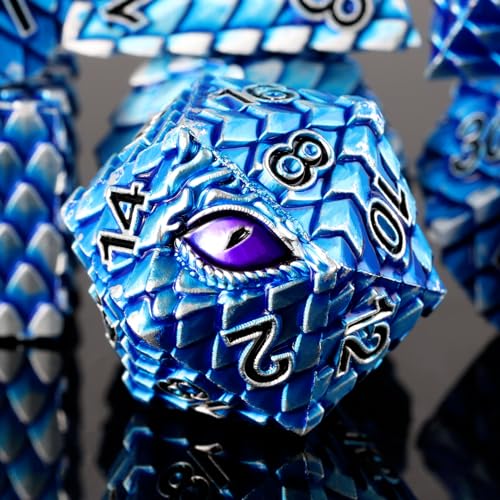 Metal Dice Set D&D,7 PCS Dragon Scale Metallic DND Dice Set,Dragon Eye Metal Dice with Grogeous Gift Case for Dungeons and Dragon Tabletop Game (Blue Dragon Scale & Purple Eye) - color: Blue Dragon Scale & Purple Eye