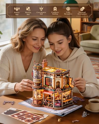 ROBOTIME Moving Coffee Factory 3D Wooden Puzzle for Adults — Mechanical Building Kit with Music Box & Warm LED Lights, 593PCS No-Glue Book Nook Kit, Miniature House Kit Desk Decor, Unique Gift