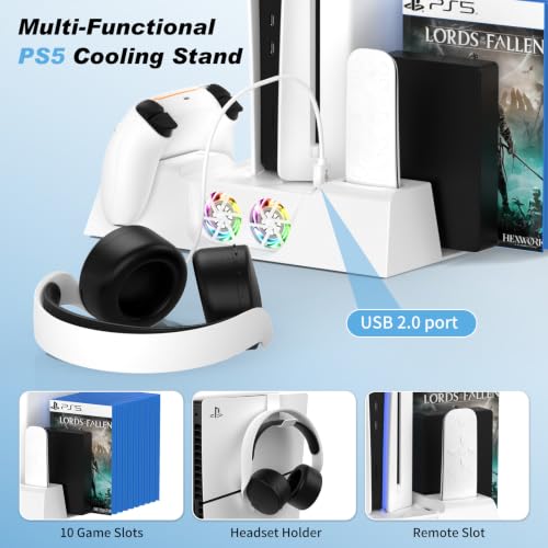 LENISUOLE PS5/Slim/Pro Stand and Cooling Station, with 3 Level Cooler Fan for PlayStation 5 Disc Digital Console, LED Dual Controller Charging Station, Headset Holder, Game Slot White - color: White