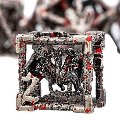 ARUOHHA Hollow DND Dice Set Blood Spatter 5-Headed Dragons D and D Dice with Gift Box, Role Playing Games 7PCS RPG Metal Dungeons Polyhedral Dice D20 D12 D10 D8 D6 D4 - color: Blood Apatter
