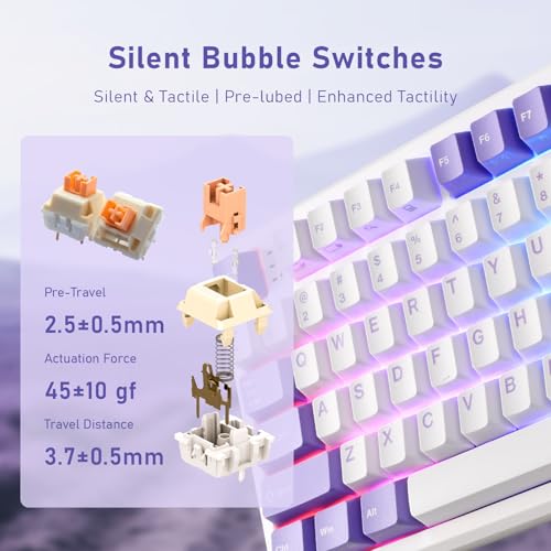 iRocks K103R Wireless Rechargeable RGB 75% Mechanical Gaming Keyboard, Hot Swappable Pre-lubed Switches, 81 PBT Keys, Gasket Mount, USB-C Detachable Cable (Lavender Purple, Silent Bubble Switch) - color: Lavender Purple, size: Silent Bubble Switch