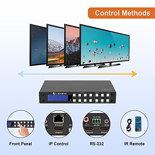 J-Tech Digital 4x4 HDMI Matrix Switch 4K 60Hz HDMI 2.0, Compatible with HDR Dolby Vision Audio Extraction Web GUI APP Control [JTECH-4KM44A] - size: 4K60 4x4 HDMI Matrix