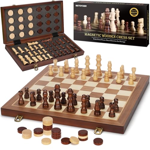 2 in 1 Magnetic Wooden Chess and Checkers Board Game Set, 15" Folding Chess Boards with 2 Extra Queens, Portable Travel Chess Sets with Pieces Storage Slots, Beginner Chess Game Set for Kids, Adults - style: 2 in 1 Magnetic Chess Set