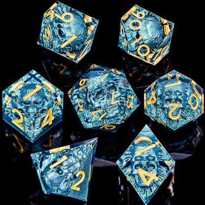 DND Skull Dice Set 7PCS Necromancer Polyhedral Dice for Dungeons Dragons RPG Role Playing Game, Resin Sharp Edged D and D Dice with Gift Box D6 D8 D10 D12 D20 (Navy Blue) - color: Navy Blue&gold