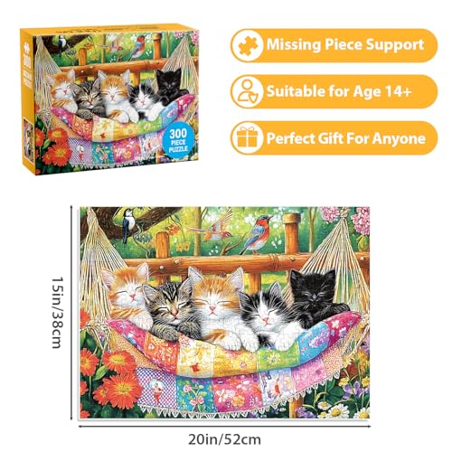 300 Piece Puzzle for Adults, Cat Birds Flower Puzzle for Adults Kids Seniors, Large Piece Animals Puzzles for Kids Ages 8-10 10-12, Challenging Puzzles Perfect for Game Nights, 20.5 * 15 in - style: Cats