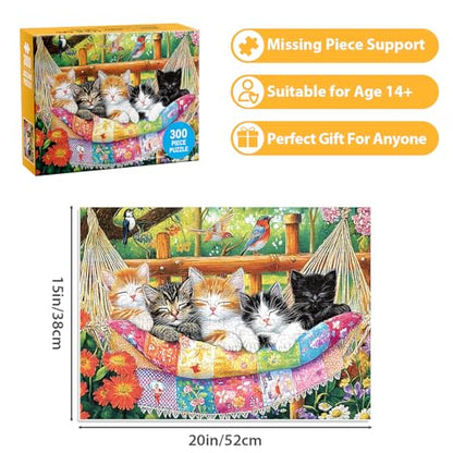 300 Piece Puzzle for Adults, Cat Birds Flower Puzzle for Adults Kids Seniors, Large Piece Animals Puzzles for Kids Ages 8-10 10-12, Challenging Puzzles Perfect for Game Nights, 20.5 * 15 in - style: Cats