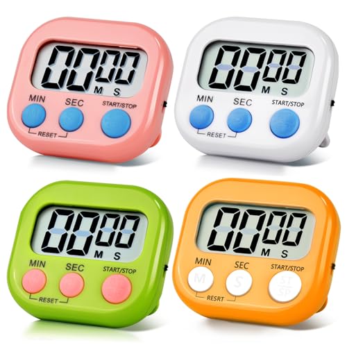 4 Pack Digital Kitchen Timer Magnetic Digital Timer with Big Display Loud Ring Cooking Timers for Cooking, Game, Gym, Break Time, Classroom(4, Pink, Green, Orange, White) - color: Pink,green,orange,white