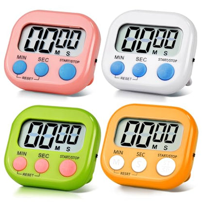 4 Pack Digital Kitchen Timer Magnetic Digital Timer with Big Display Loud Ring Cooking Timers for Cooking, Game, Gym, Break Time, Classroom(4, Pink, Green, Orange, White) - color: Pink,green,orange,white