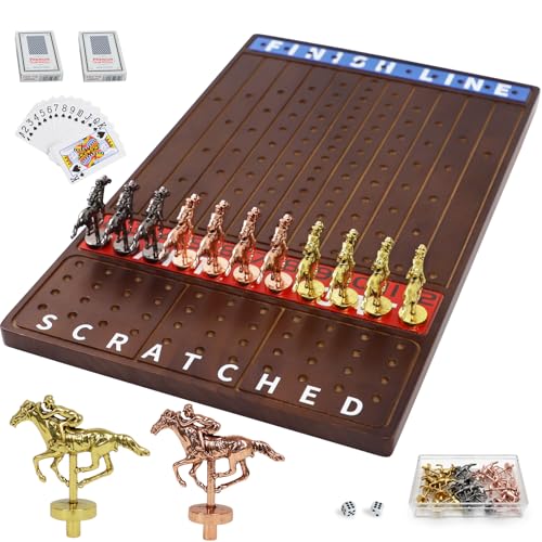 Jyquorp Horse Race Board Game Wooden Kentucky Derby Party Game Set with 11 Metal Horses, 2 Dice & 2 Card Decks, Large Solid Wood Horse Racing Board Game for Family & Adults (15.6" x 10") - color: Walnut, style: 15 Inch Rectangle