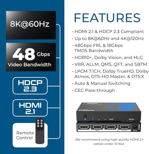 OREI 8K 3-Port HDMI 2.1 Switch, 3-in 1-Out, 8K@60Hz, Manual & Auto Switch | hdmi switch with remote, hdmi switch 4k 120hz, HDR10+, Dolby Vision, VRR, ALLM, CEC, PS5/Xbox compatible - size: 3x1 8K HDMI Switch