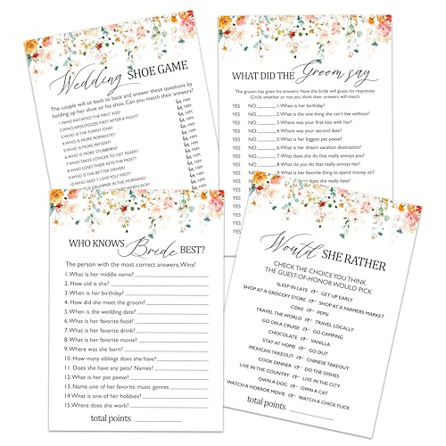 Bridal Shower Games Cards Set, Who Knows The Bride Best, What Did The Groom Say, Would She Rather, Wedding Shoe Game, Set Of 4 Boho Floral Bridal Shower Party Game Favors Supplies, Fall Decoration -01 - style: set-01
