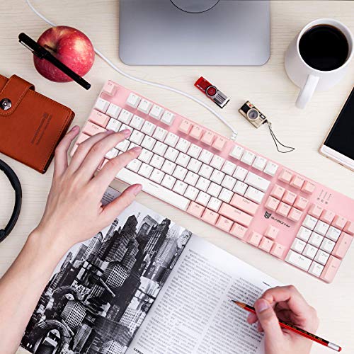 Merdia 104 Keys Full Size Mechanical Keyboard | Brown Switch, Pink & White Color 104 Keys US Layout Led Backlit Hot Swappable Wired Mechanical Light Up Pink Keyboard | Wired Gaming Computer Keyboards - color: Brown Switch Pink & White