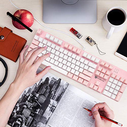 Merdia 104 Keys Full Size Mechanical Keyboard | Brown Switch, Pink & White Color 104 Keys US Layout Led Backlit Hot Swappable Wired Mechanical Light Up Pink Keyboard | Wired Gaming Computer Keyboards - color: Brown Switch Pink & White