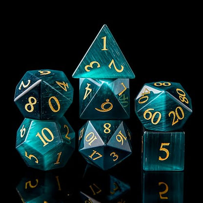 Dark Green Cat's Eye Crystal DND Dice Set 7 PCS 7 PCS Gemstone Suitable for Dungeons and Dragons D & D RPG Games - color: Dark Green Cat Eye