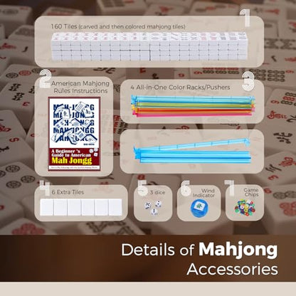 American Mahjong Tile Set with Blue Printed Carrying Bag, 166 Premium White Tiles, 4 All-in-One Color Racks/Pushers, Mah Jongg Sets, Complete Mahjong Game Set for Travel - color: Blue Print