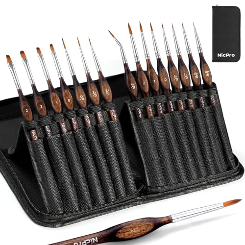 Nicpro Miniature Paint Brushes - 15PCS Model Paint Brush Set with Nylon Case for Acrylic Oil Watercolor, Micro Detail Paint Brushes for Model, Miniature Painting, Fine Detailing, Paint by Numbers - size: 15 PCS