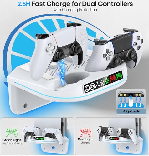 PS 5 Wall Mount Kit with Cooling Fan and Charging Station Compatible with P5/ Slim/ Pro Disc and Digital, PS Five Floating Base Holder Shelf with 9 RGB Lights & 3-Level Fan, P5 Accessories for Gaming