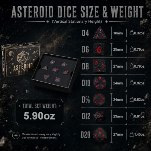 Asteroid Metal DND Dice Set, 7-Piece Polyhedral Dice | Solid zinc alloy dice with meteor texture, heavy feel, easy-read numbers, and storage box for tabletop gaming - color: Black and Red