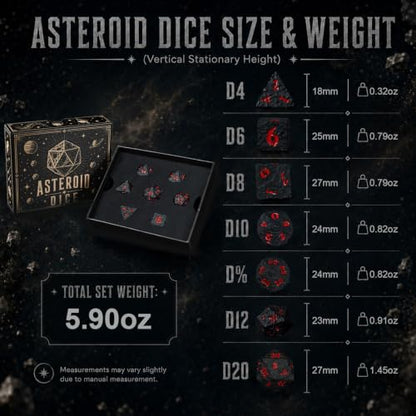 Asteroid Metal DND Dice Set, 7-Piece Polyhedral Dice | Solid zinc alloy dice with meteor texture, heavy feel, easy-read numbers, and storage box for tabletop gaming - color: Black and Red