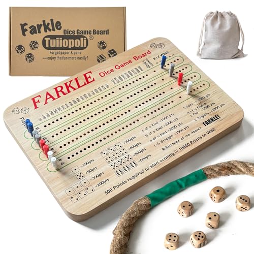 Tuiiopoli Farkle Dice Scoreboard Set, No Score Sheets Required Upgraded Design 4 Sets of Colored Player Pegs 6 Wooden Dice for Game Night Party Travel - size: Large