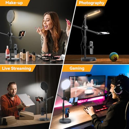 Zoom Lighting for Computer, Adjustable Desk Video Conference Lighting for Video Calls, Desk Ring Light with Stand and Phone Holder for Webcam, Home Office, Online Meetings, Live Streaming