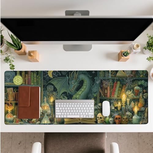 Dark Dragon Mouse Pad Desk Mat XL Extended Large Gaming Desk Pad Mousepad, Mysterious Library Computer Laptop Keyboard and Mouse Mat, Desktop Protector Mat for Office and Home 31.5x11.8 in - color: Dragon