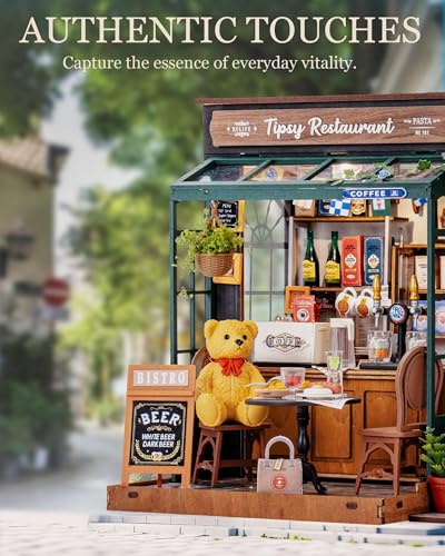 Rolife DIY Miniature House Kit 1:18 Coffe&Bar Dollhouse Diorama Model, Build Mini House Building Kit with LED Light Hobby Crafts for Adults Gift for Him Her (Tipsy Restaurant)