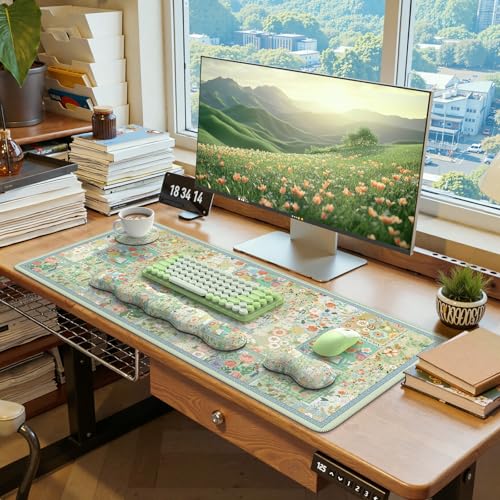 iLeadon Mouse Pad and Keyboard Wrist Rest, Large Computer Desk Mat Set | Mouse Pad Set with Wrist Pad for Keyboard, Cute Green Desk Pad Mat with Non Slip Base Office Home(Floral) - color: Green